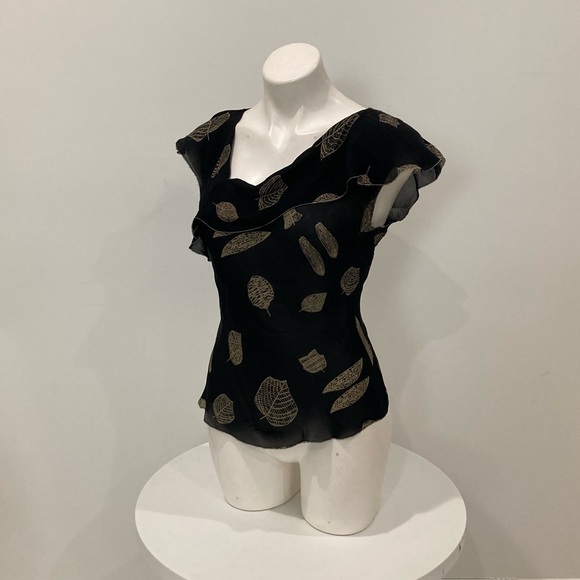 MAX STUDIO Black 100% Silk Blouse Leaf Pattern Medium - Picture 1 of 14